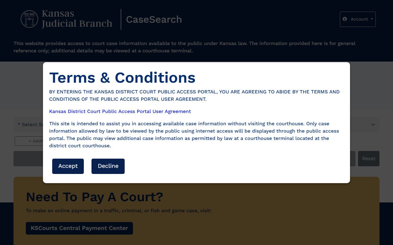 Kansas CaseSearch portal for Marshall County court records after arrest