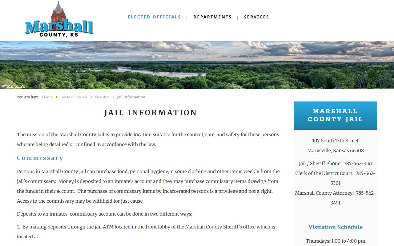 Marshall County Jail information page for inmate population visits mail and commissary